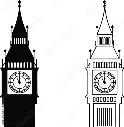 London's iconic Big Ben clock tower silhouette, a classic vector illustration of England's famous architecture and travel landmark