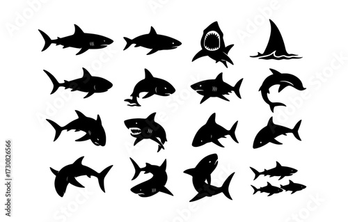 Silhouette shark icons set featuring diverse shark poses and fins