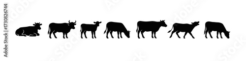 Silhouette cows in various poses: grazing, standing, and resting