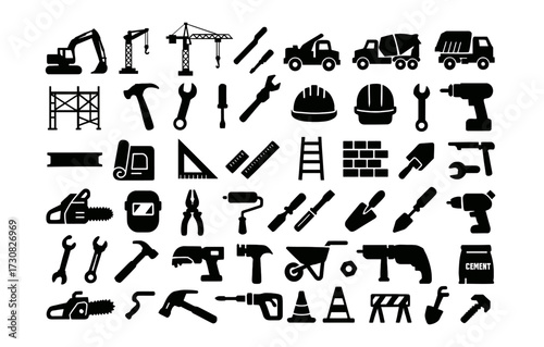Construction and tools silhouette icons set for engineering and building projects