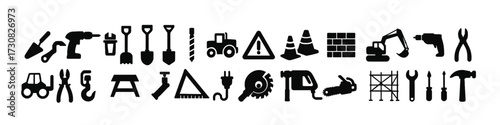 Construction tools and equipment silhouette icons for building and safety