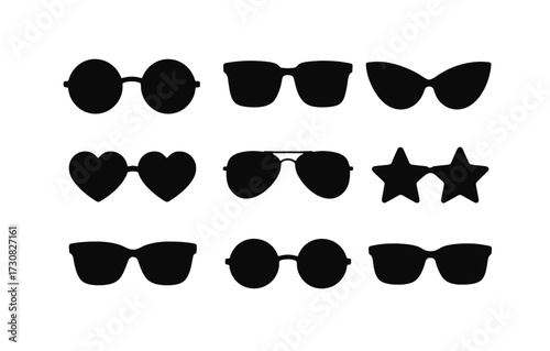 Set of different sunglasses silhouettes in various shapes on white background