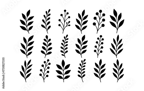 Collection of botanical silhouettes with leaf and plant patterns