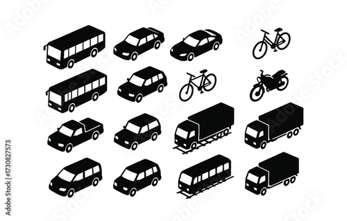 Isometric transport icons: cars, bicycles, buses, and trucks in black silhouette