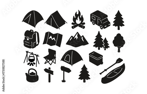 Camping adventure icons set: tents, campfire, pine trees, outdoor gear in silhouette style