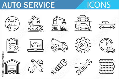 Auto Care Icons — Line Pack for Maintenance, Alignment, Tow Truck, Carwash, Toolbox