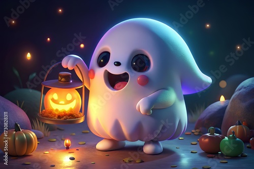 Cute ghost holding candies, smiling, glowing lantern nearby