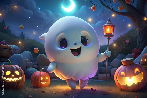 Cute ghost holding candies, smiling, glowing lantern nearby