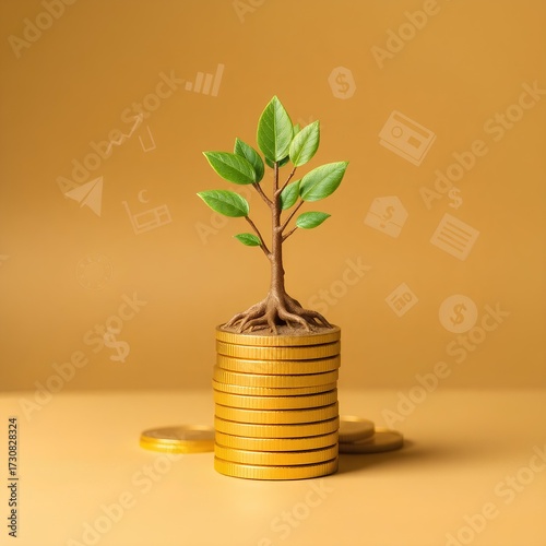Stack of coins with a growing tree icon — surrounded by finance symbols