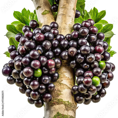 Plump dark purple jabuticaba fruits growing in clusters on a textured tree trunk isolated on transparent background