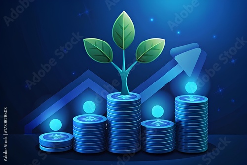 Stack of coins with a growing tree icon — surrounded by finance symbols