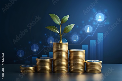 Stack of coins with a growing tree icon — surrounded by finance symbols