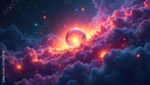 Close-up of a single, luminous orb floating amidst swirling nebulae, representing the boundless potential of spiritual imagination and inner vision , inner world, divine