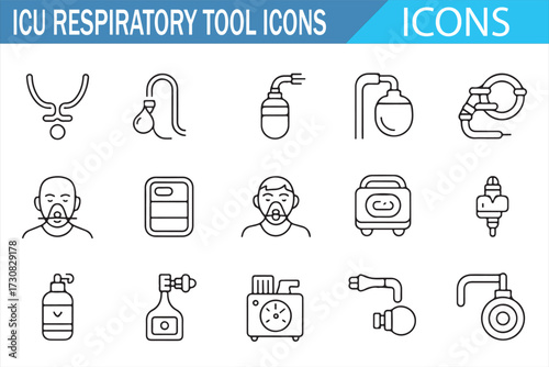 Critical Care Respiratory Devices — Vector Style Outline Icons of Masks, Tubes, Ventilators, CPAP and BiPAP