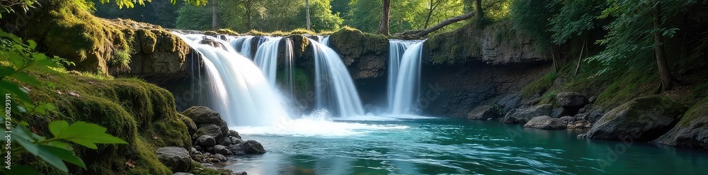 Obraz premium Serene waterfall cascading over mossy rocks, sunlight illuminating the crystalline water A breathtaking display of nature's artistry , stream, mossy rocks
