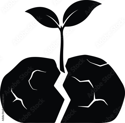 Vector Sprout growing from cracked seed shell silhouette Illustrator