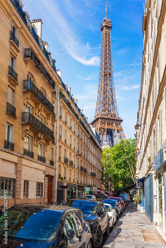 Eiffel Tower view from a cozy street of Paris, France