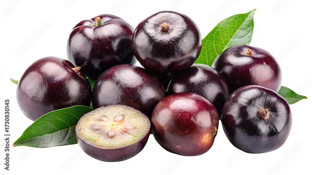 Obraz premium A vibrant cluster of ripe jabuticaba fruits with green leaves isolated on transparent background