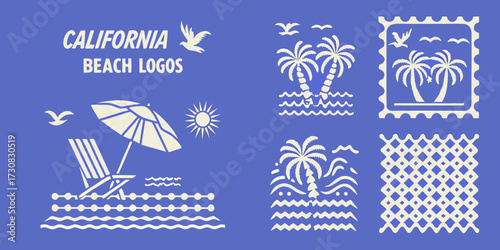 Collection of california beach themed graphic design elements and logos in white on a blue background