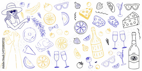 Hand drawn summer party elements including food drinks and a woman enjoying a drink