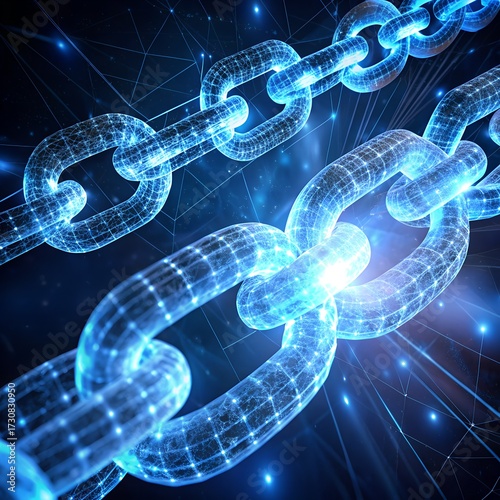 Interconnected glowing blue digital chain links forming a secure network