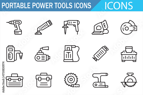 Woodworking tools collection—outline grinder, saw, jigsaw, planer, and toolbox symbols