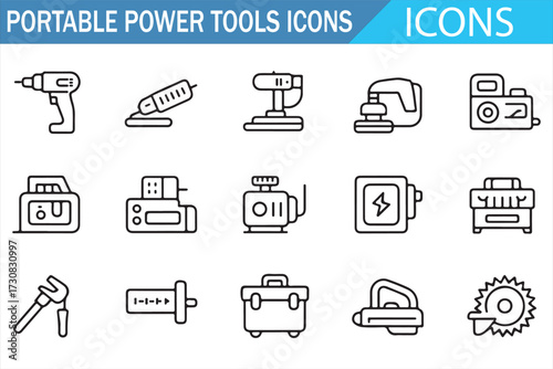 Hardware tools UI pack—modern line icons of drill, sander, planer, battery, and charger