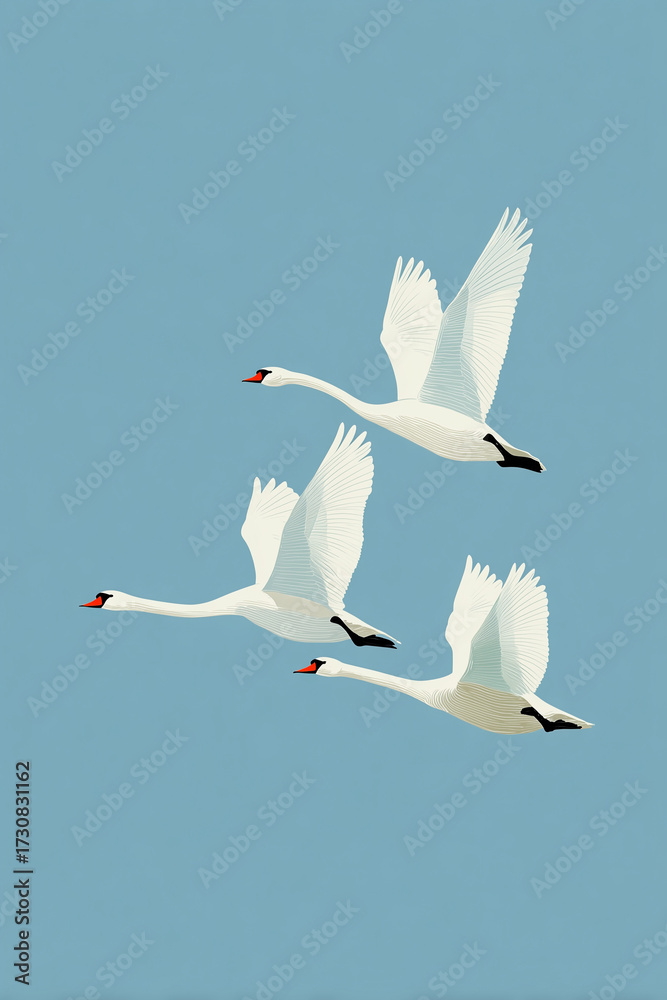 Fototapeta premium Synchronized Grace: Three White Swans in Flight Against a Serene Sky