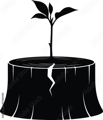 Vector Tree stump sprouting new growth black silhouette Illustrator