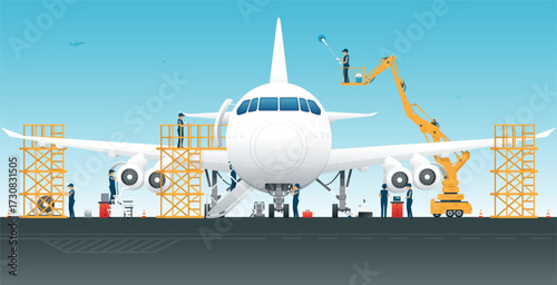 Mechanics are working together to analyze and repair the aircraft.