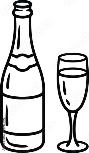 Sparkling Celebration: Simple line illustration of a bottle of champagne and a filled glass, perfect for celebrations and joyous moments.