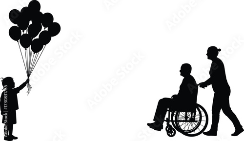 Silhouette, child with balloons, wheelchair support, caregiver, compassion, childhood, disability, hope, inclusion, black and white, life stages, humanity, 