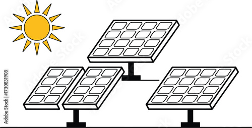 Solar Panel Energy: A clean energy arrangement featuring solar panels, capturing the essence of sustainable technology, with a bright sun symbolizing renewable power. 
