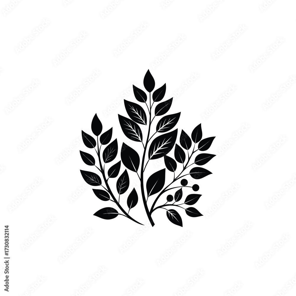 Fototapeta premium An elegant black silhouette of tree branches with leaves and berries representing nature and growth