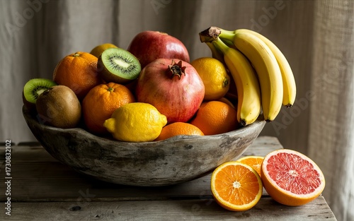 Abundant bowl of fresh tropical and citrus fruits offers vibrant healthy eating choices