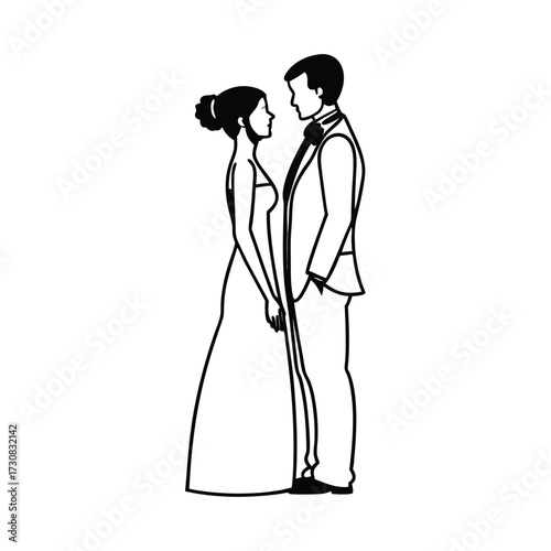 A black-and-white line illustration of a couple standing closely together and facing each other.
woman is wearing a long, strapless gown with her hair tied up in a bun.
