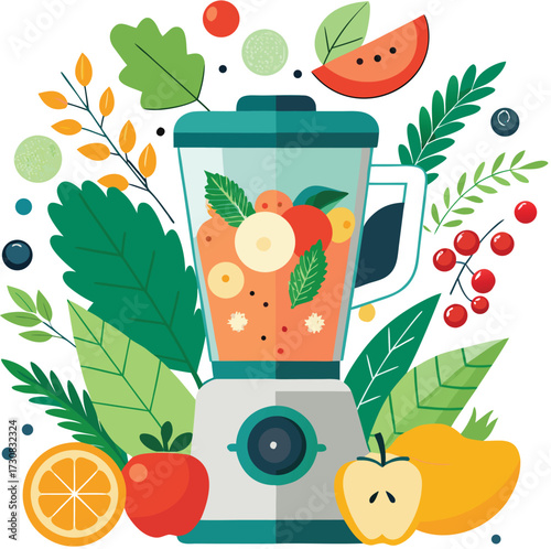 A vibrant illustration of a blender making a fresh fruit smoothie surrounded by an abundance of colorful fruits and green leaves
