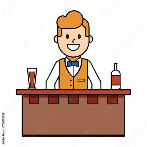 A cheerful bartender smiling warmly, serving drinks behind a lively bar counter, surrounded by bottles, glasses, and a welcoming, fun atmosphere.
