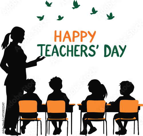 “Happy Teachers’ Day” vector with teacher and students silhouette, flying birds, and bold text for education celebration design