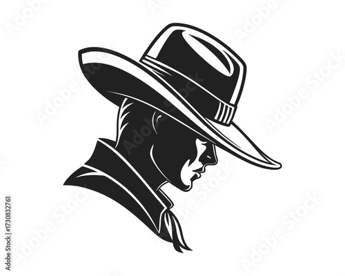 A striking black and white illustration depicts the profile of a cowboy wearing a classic wide-brimmed hat and collared shirt