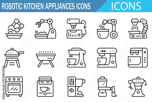 Robotic food prep symbols—editable vector icons for apps, dashboards, and infographics