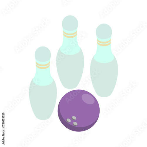 A purple bowling ball sits in front of three light blue bowling pins, ready for a game of bowling