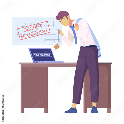 Man in Office Looking at Laptop with "Top Secret" Blueprint on Screen and Desk