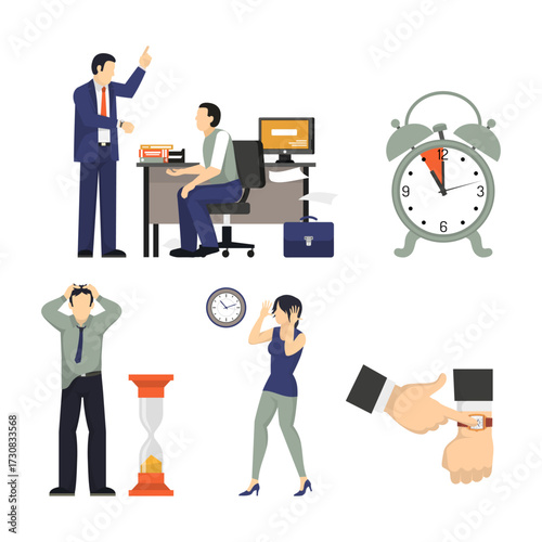 Business stress and time management issues concept, people with clock and hourglass icons, urgency
