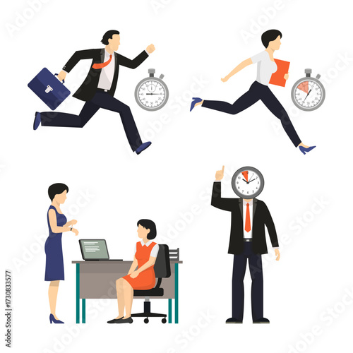 Business people rushing to meet deadlines, with clocks symbolizing time pressure and urgency in a corporate environment