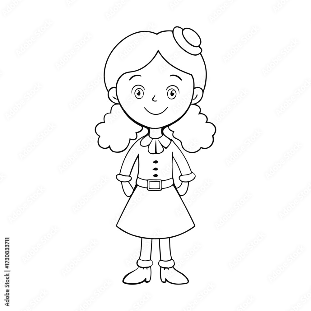 Fototapeta premium An Irish girl coloring page featuring a smiling lass in traditional dress, with braided hair, shamrock accents, and cheerful charm ready for kids to color with creativity. 