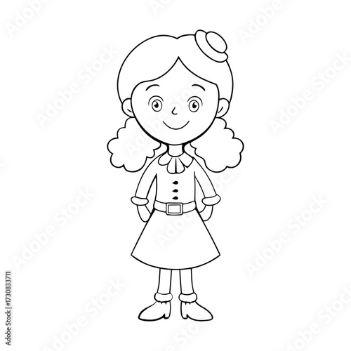 An Irish girl coloring page featuring a smiling lass in traditional dress, with braided hair, shamrock accents, and cheerful charm ready for kids to color with creativity.

