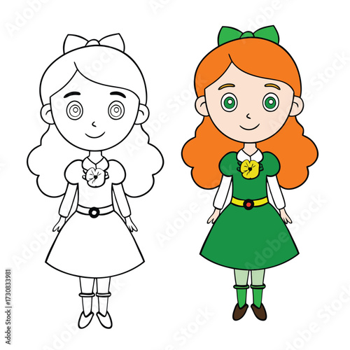 An Irish girl coloring page featuring a smiling lass in traditional dress, with braided hair, shamrock accents, and cheerful charm ready for kids to color with creativity.
