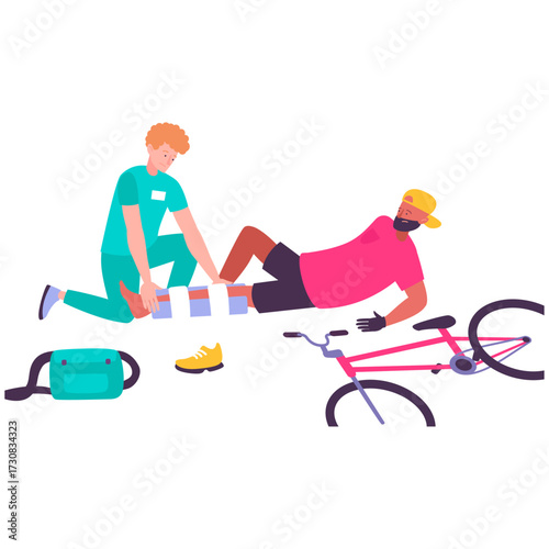 Doctor attending to injured cyclist after accident, providing medical aid on a white background
