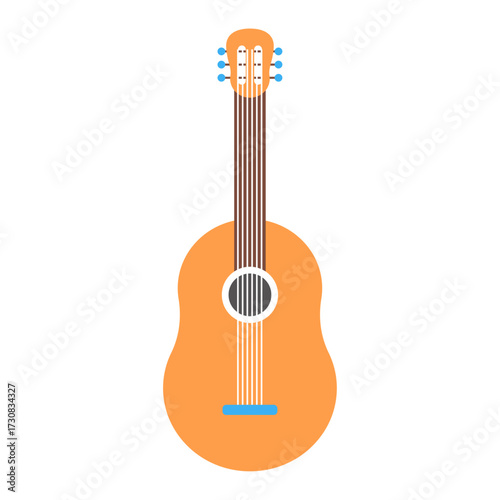 Acoustic guitar illustration with orange body and light wood neck and tuning pegs